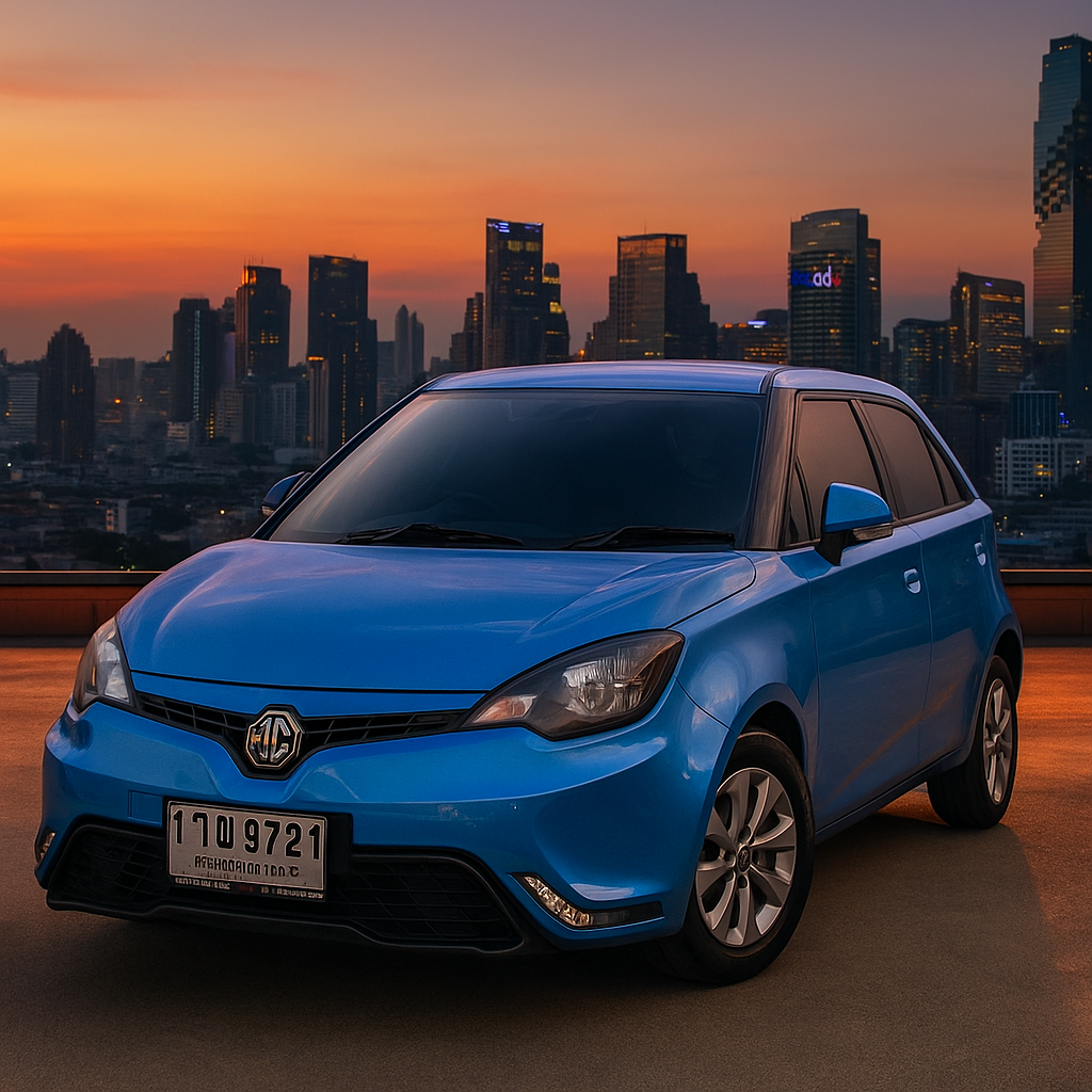 Blue MG car for rent in Bangkok, Thailand. Parked in front of a city skyline at sunset