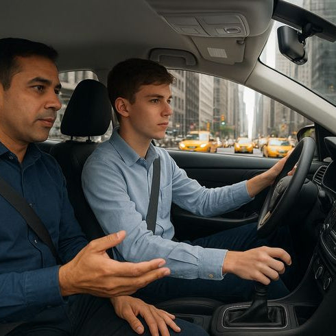 Two men in a car, one driving and one sitting in the passenger seat, with cityscape in the background.